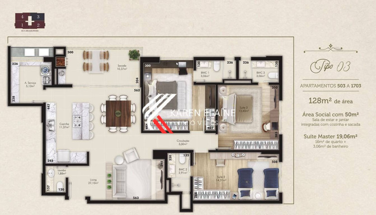Foto do imóvel Apartamento com 3 Quartos à Venda, 128 m² em Kobrasol - São José
