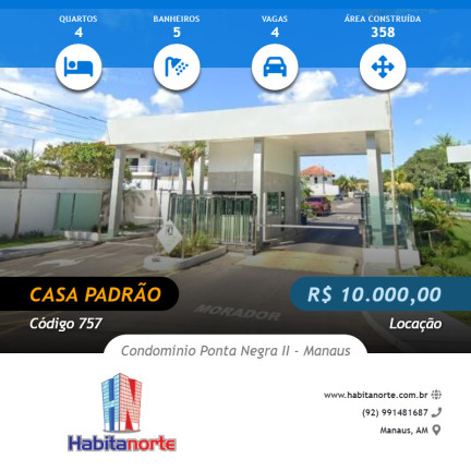 Imagem Casa com 4 Quartos para Alugar,  em Ponta Negra - Manaus